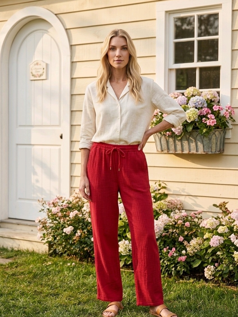 Quince Red Textured Organic Cotton Gauze Drawstring Straight Wide Leg Pants L